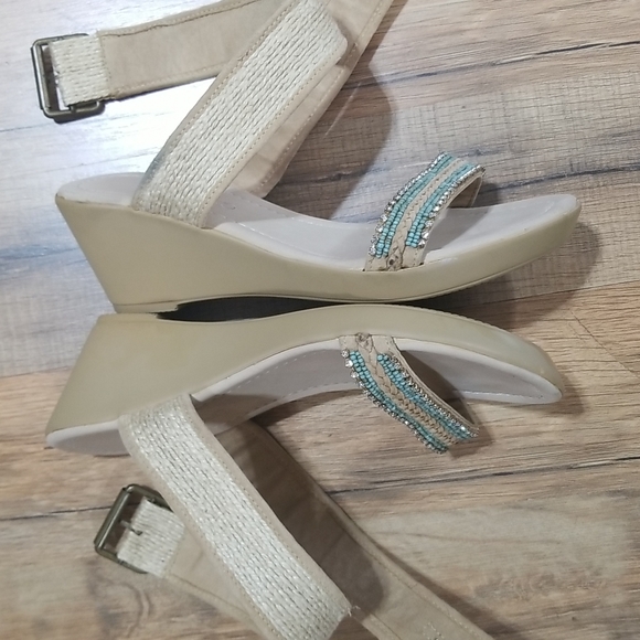 SKEMO Beige, Rhinestone & Turquoise Beaded Wedge Ankle Wrap Sandals - Picture 7 of 14